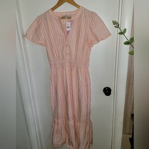 Loft Womens Size Medium Orange White Stripes Cottage Core Maxi Dress Peasant New